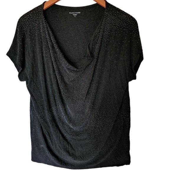 Eileen Fisher Beaded Charcoal Black Cowl Neck Top Tee size M Medium - Picture 8 of 10